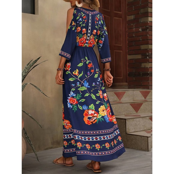 boho Floral Print Cold Shoulder maxi Dress cream - Picture 9 of 12